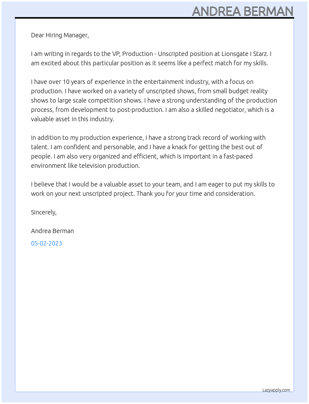 VP, Production - Unscripted At Lionsgate I Starz Cover Letter