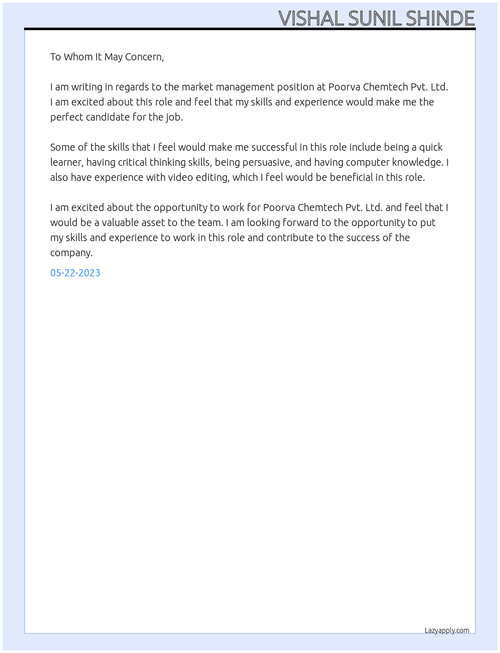 Market management, Field management At Poorva Chemtech Pvt. Ltd. Cover Letter