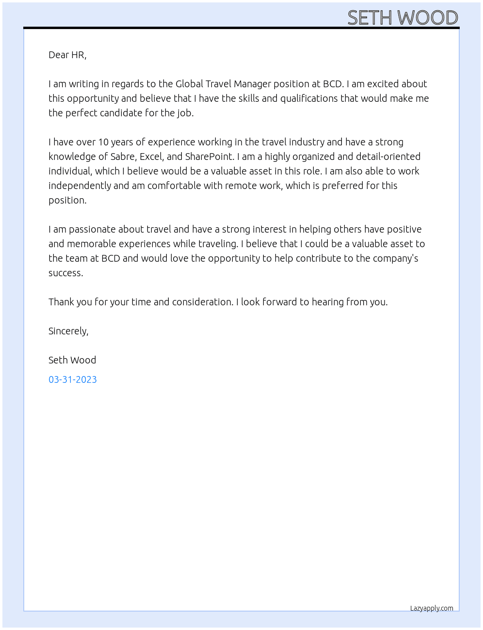 Global Travel Manager At BCD Cover Letter