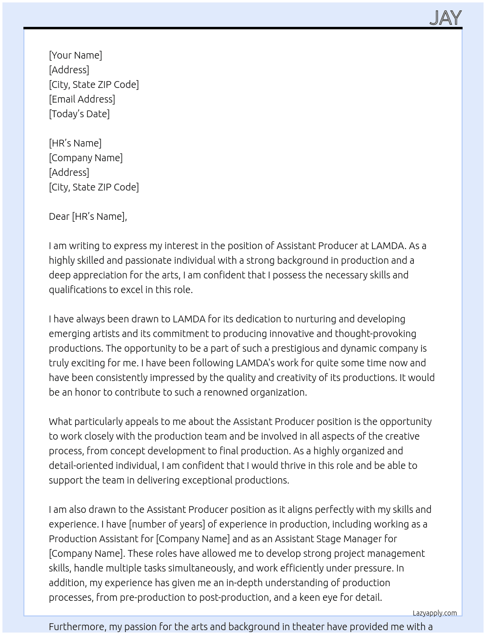 Assistant Producer At LAMDA Cover Letter