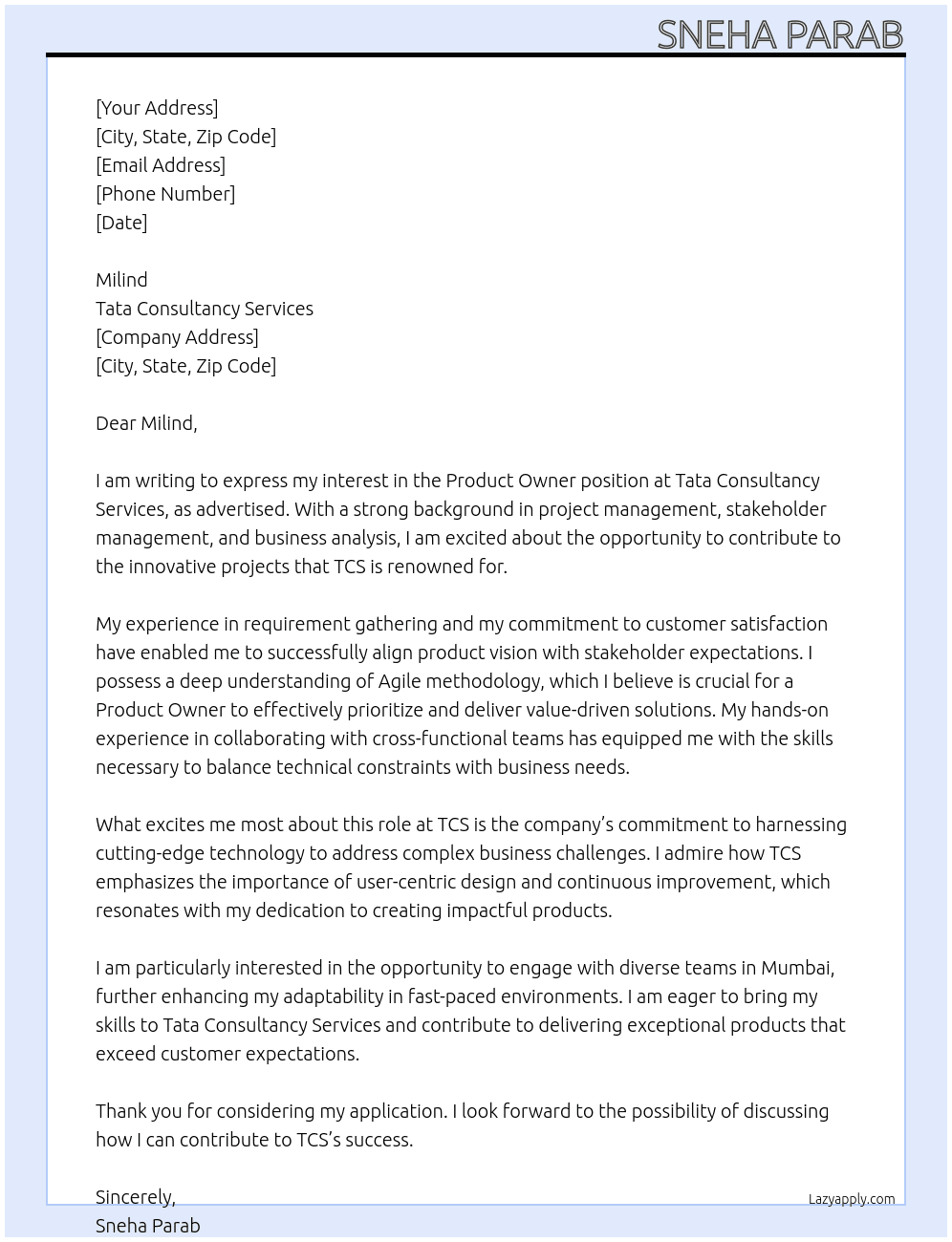 Product Owner At Tata Consultancy Services Cover Letter
