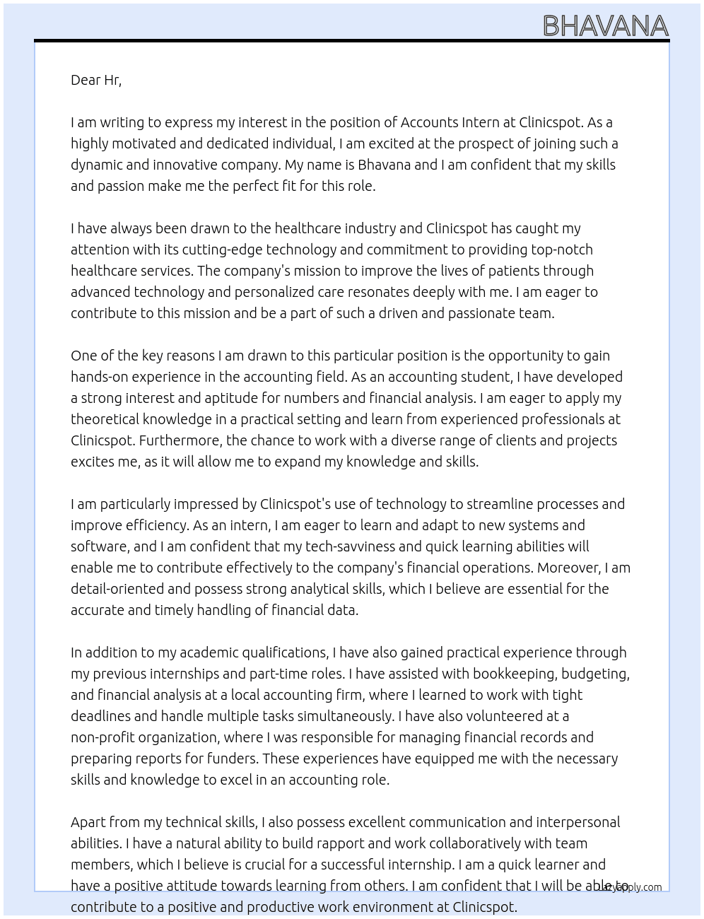 Accounts Intern At Clinicspot Cover Letter