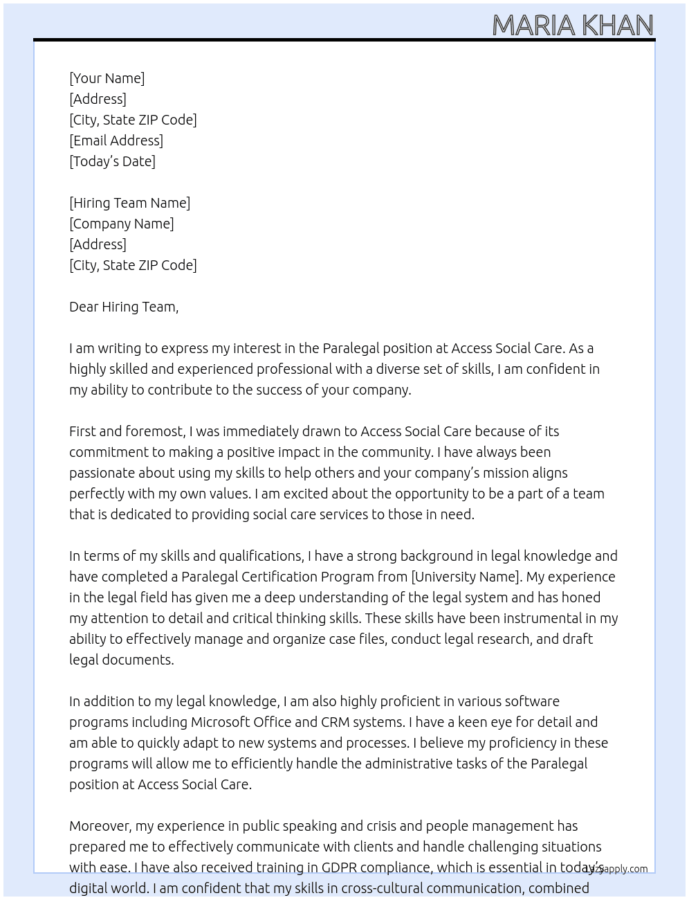 Paralegal At Access Social Care Cover Letter