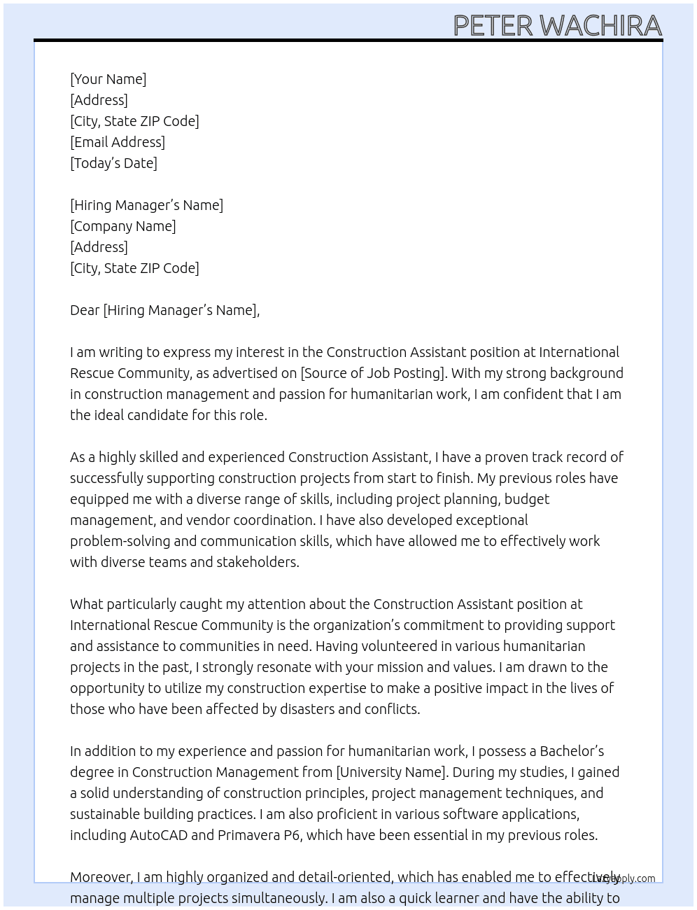 Construction assitant At Internation Rescue Community Cover Letter