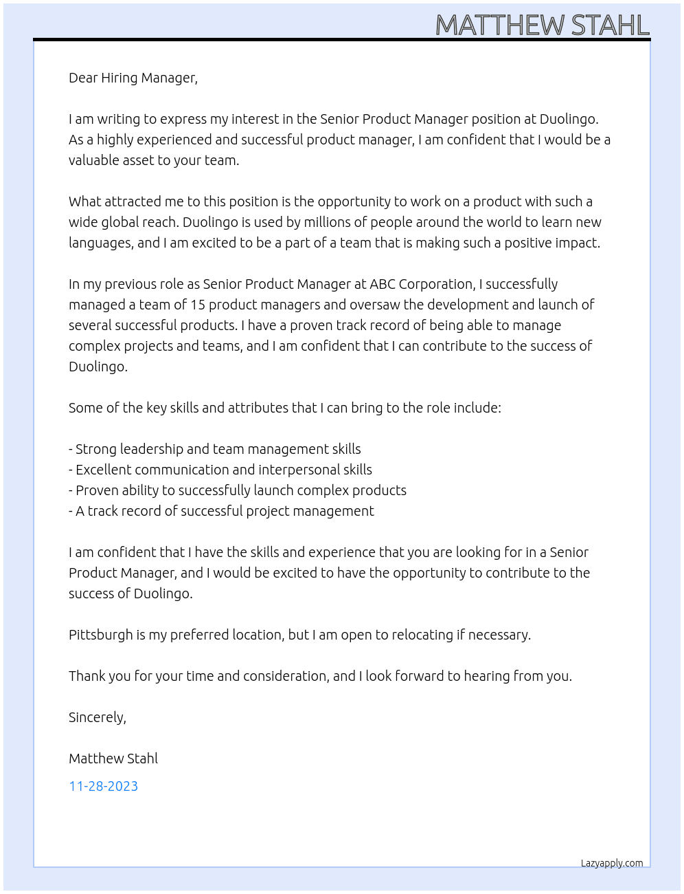 Senior Product Manager At Duolingo Cover Letter