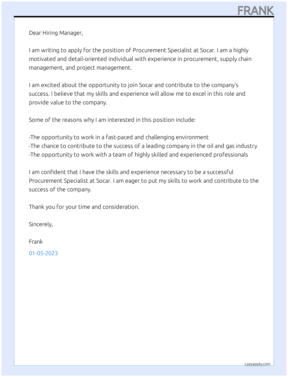 Procurement Specialist At Socar Cover Letter