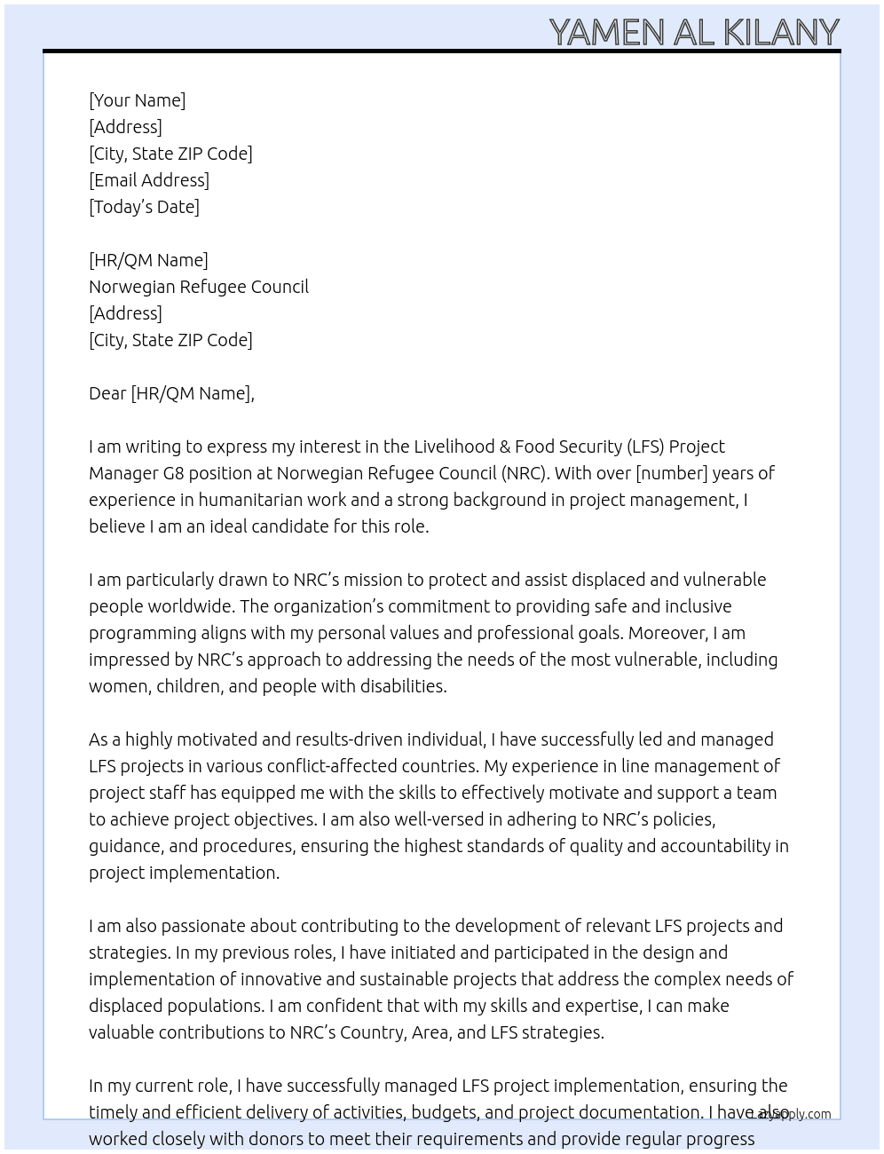 Livelihood & Food Security Project Manager G8 At NRC | Norwegian Refugee Council Cover Letter