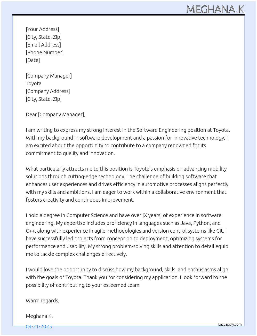 Software engineering  At Toyota Cover Letter