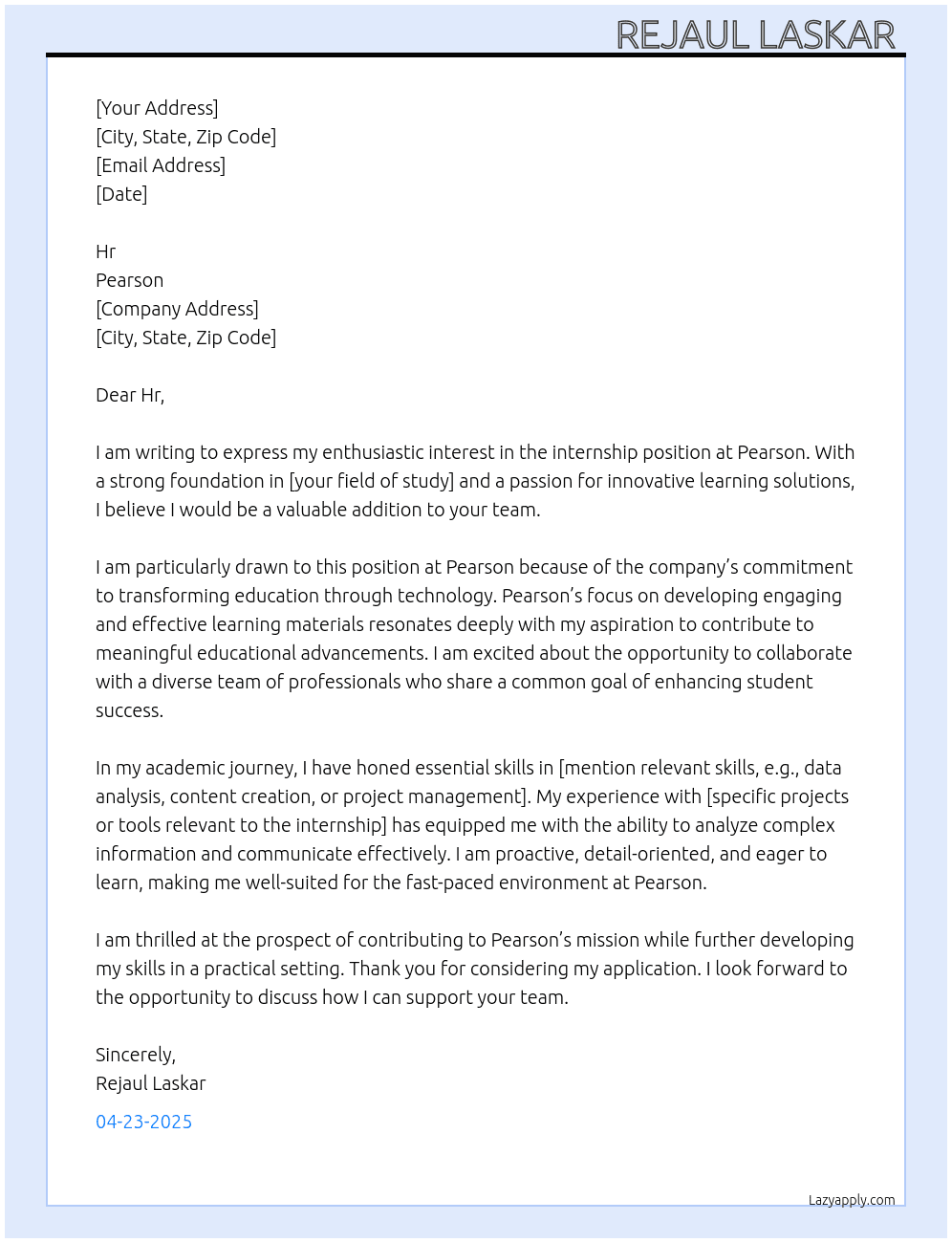 Internship  At Pearson  Cover Letter