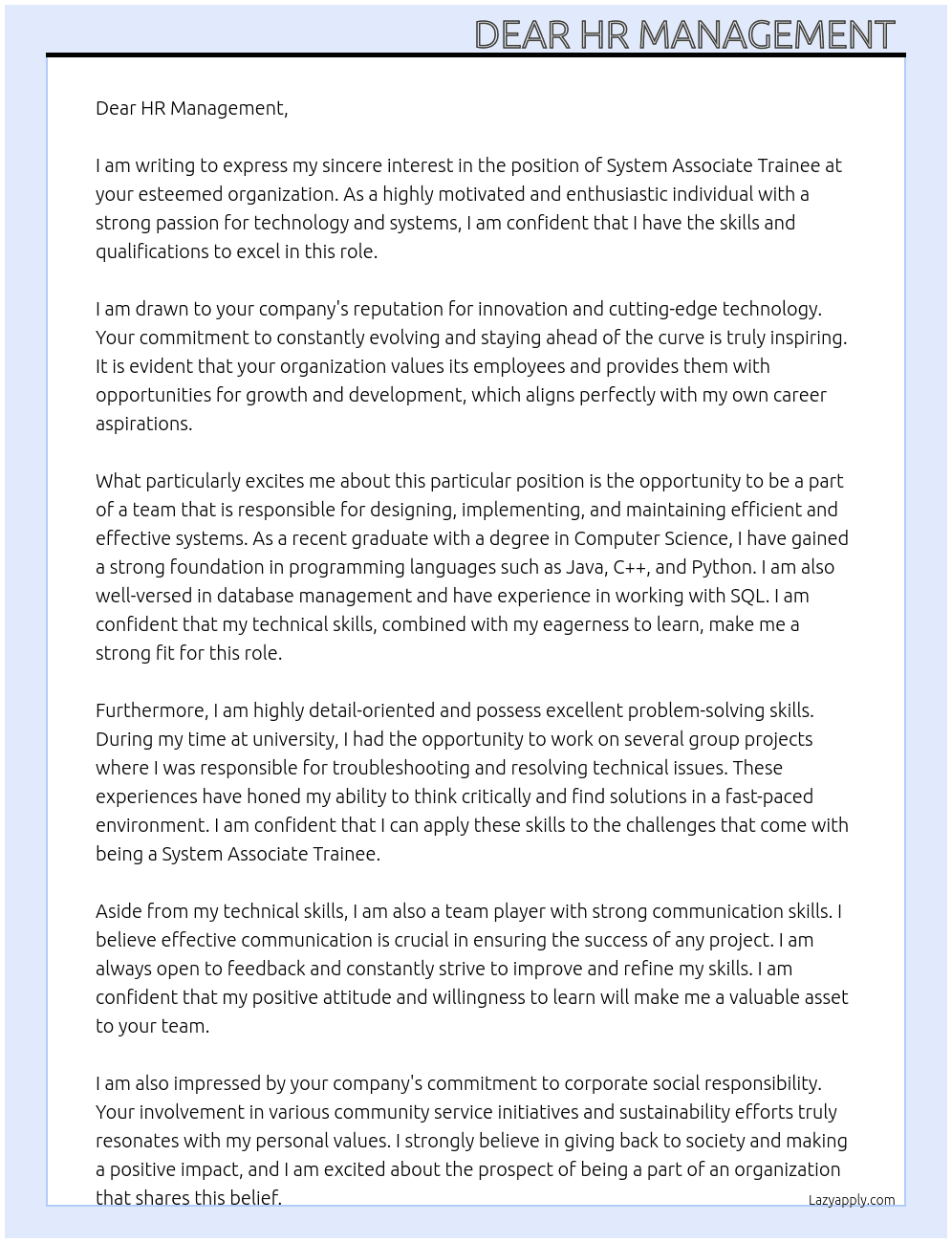 System Associate Trainee  At Don't know  Cover Letter