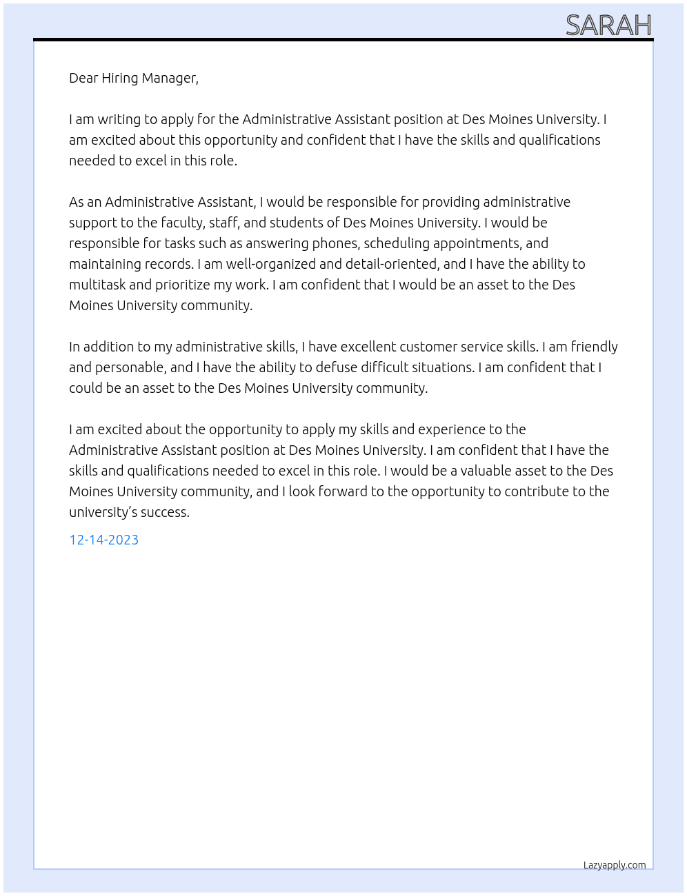 Adminstrative  assistant  At Des Moines University Cover Letter