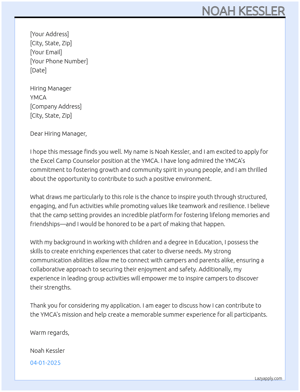 Excel Camp Counselor At YMCA Cover Letter