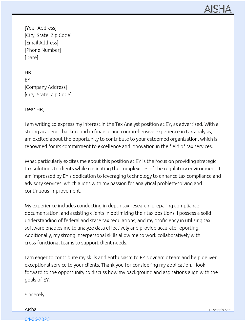 tax analyst At EY  Cover Letter