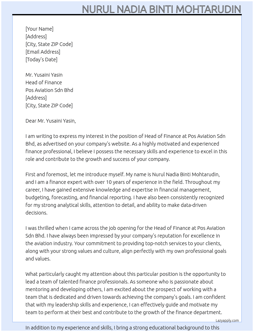 Head of finance At Pos Aviation Sdn Bhd Cover Letter