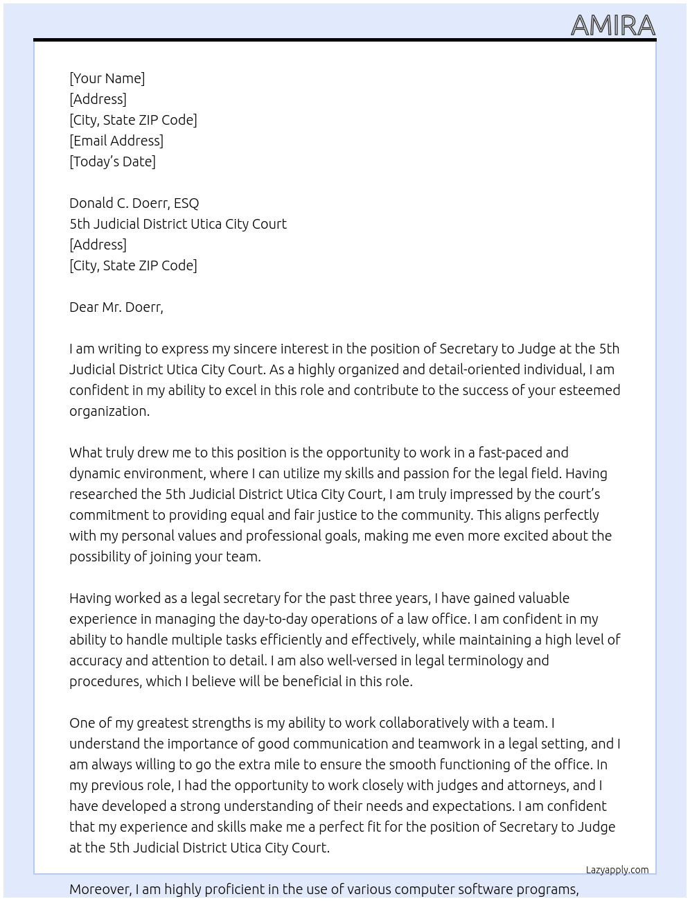Secretary to Judge At 5th Judicial District Utica City Court Cover Letter