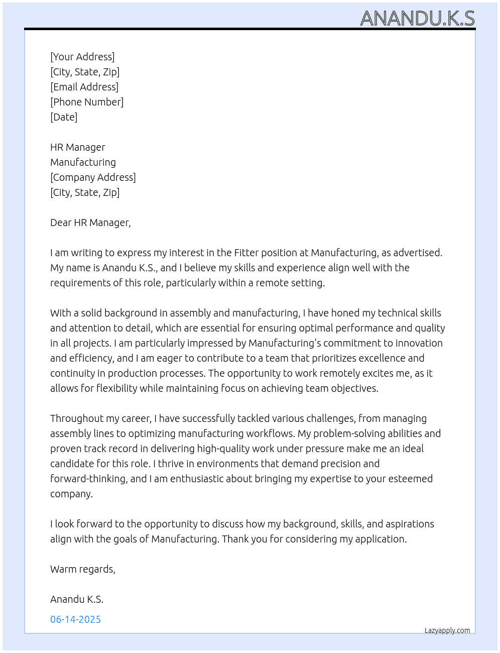 Fitter At Manufacturing  Cover Letter