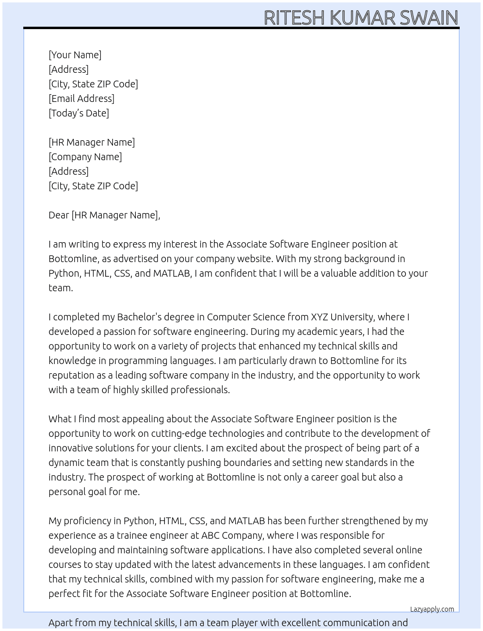 Associate software engineer At Bottomline Cover Letter