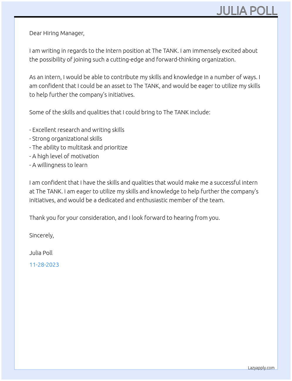 Intern At The TANK Cover Letter