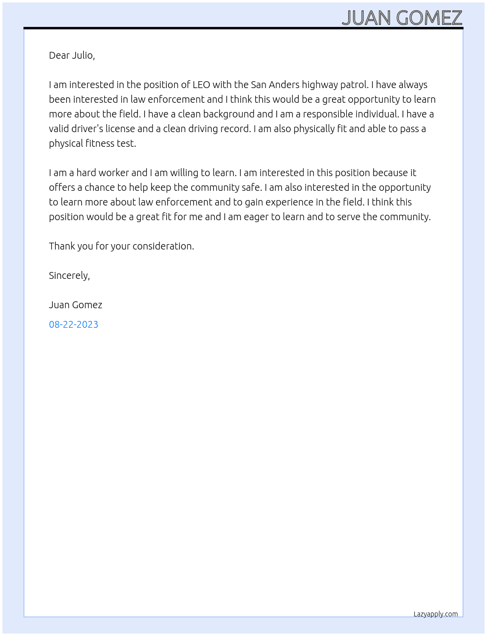 LEO At San Anders highway patrol Cover Letter