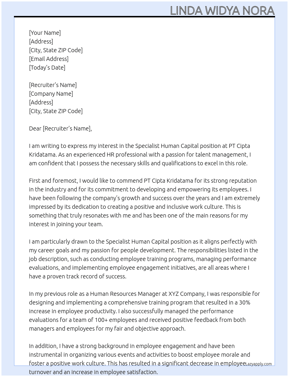 Specialist Human Capital At PT Cipta Kridatama  Cover Letter