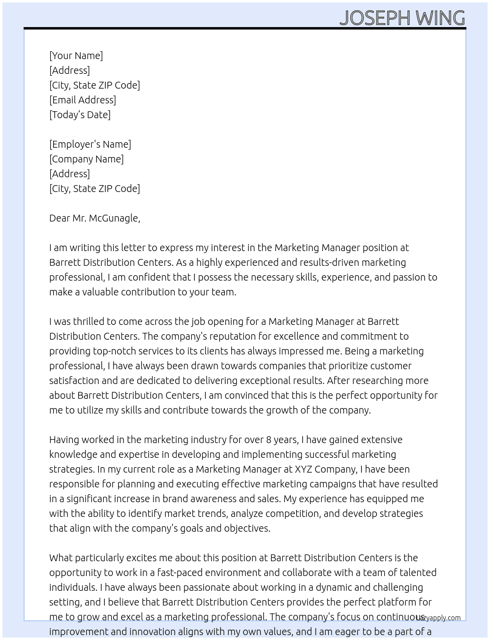 Marketing Manager At Barrett Distribution Centers Cover Letter