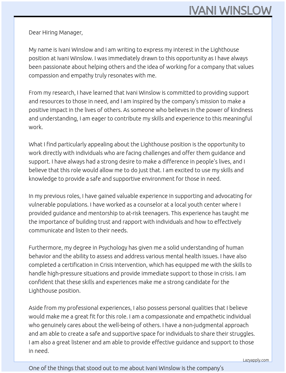 Lighthouse At Ivani Winslow Cover Letter