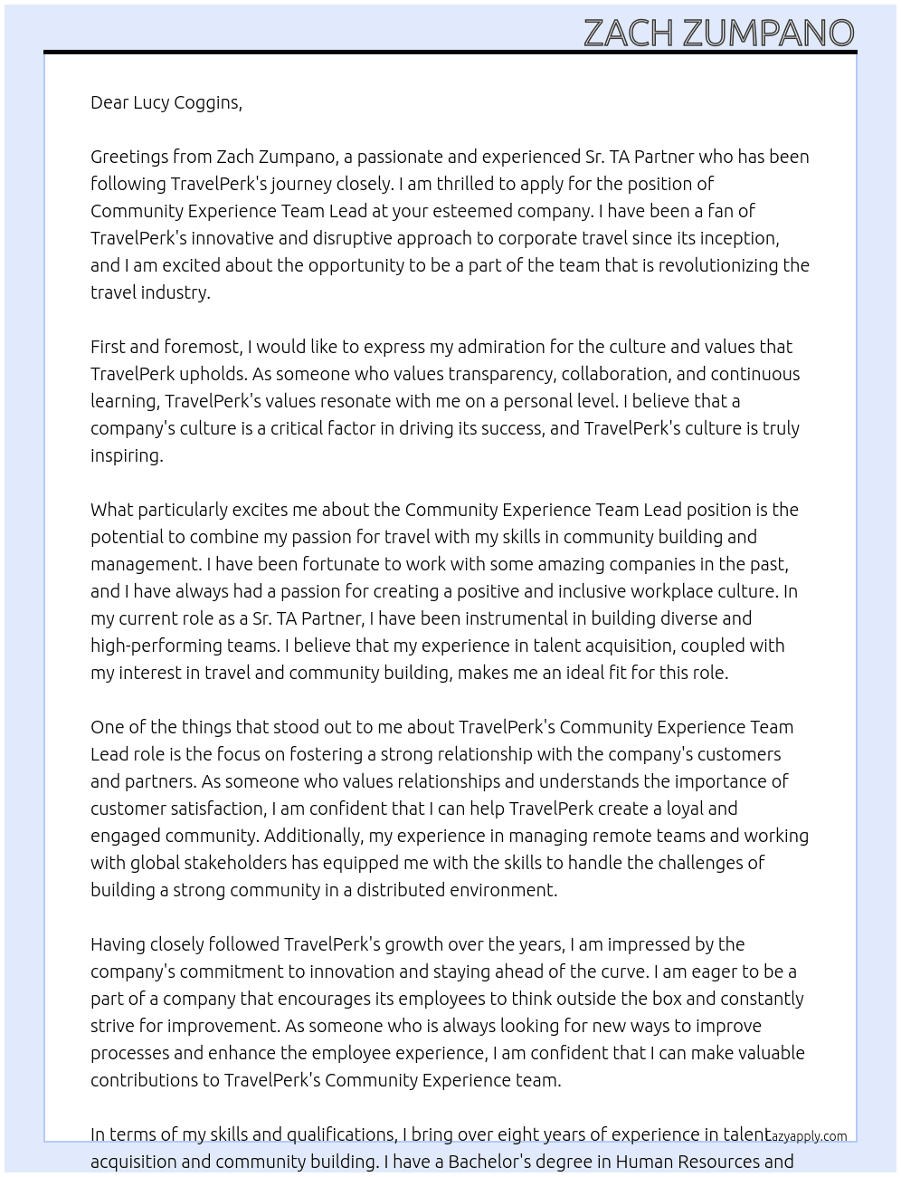 Community Experience Team Lead  At TravelPerk Cover Letter