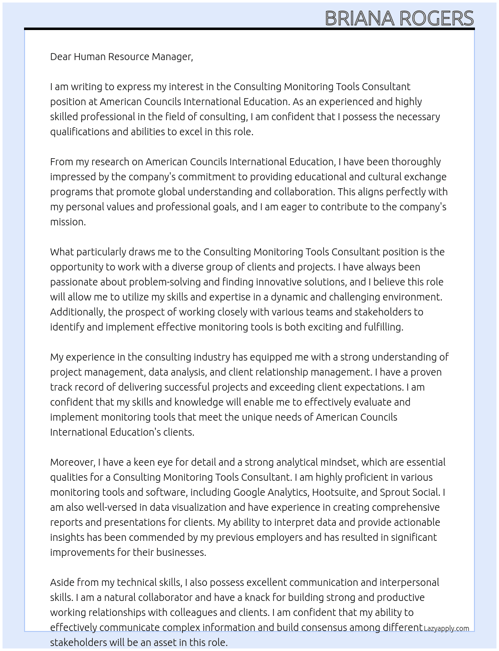 "Consulting" Monitoring Tools Consultant At Amercian Councils International Education Cover Letter