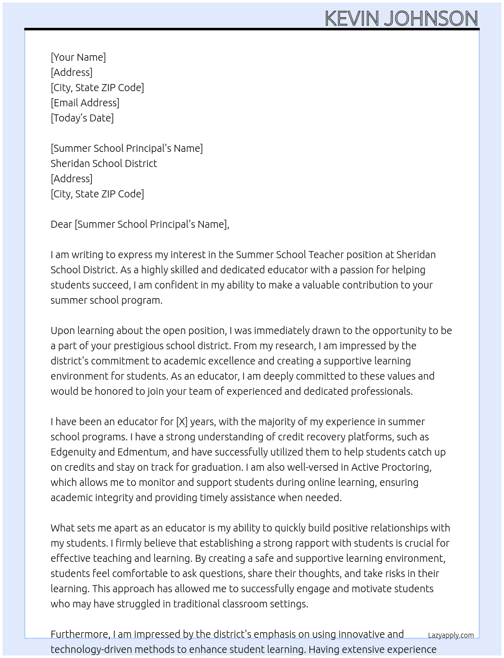 Summer School Teacher At Sheridan School District Cover Letter