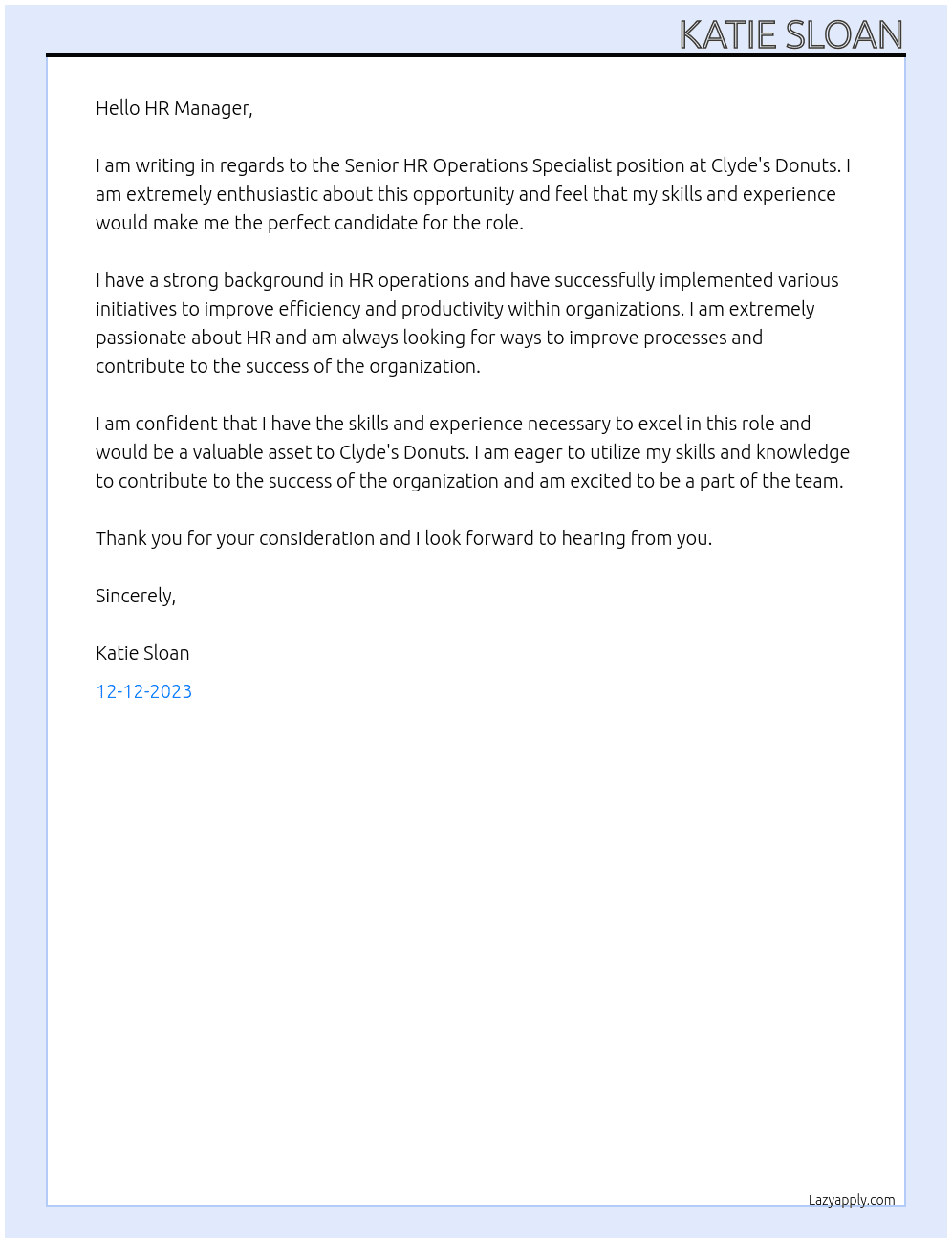 SENIOR HR OPERATIONS SPECIALIST At Clyde's Donuts Cover Letter