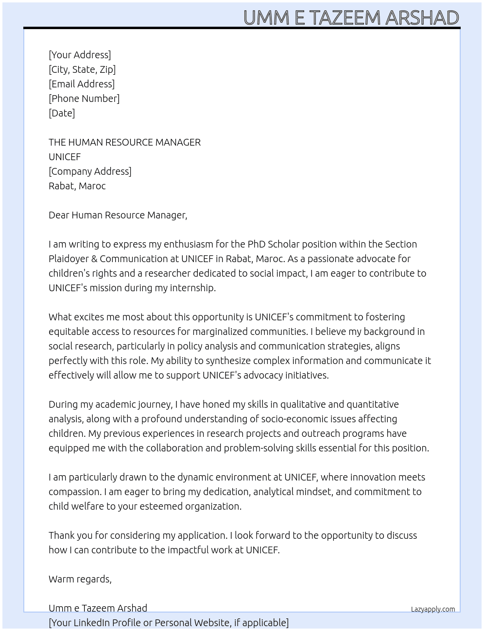 PhD Scholar At UNICEF, Internship - Section Plaidoyer & Communication, Rabat, Maroc, 2 mois Cover Letter