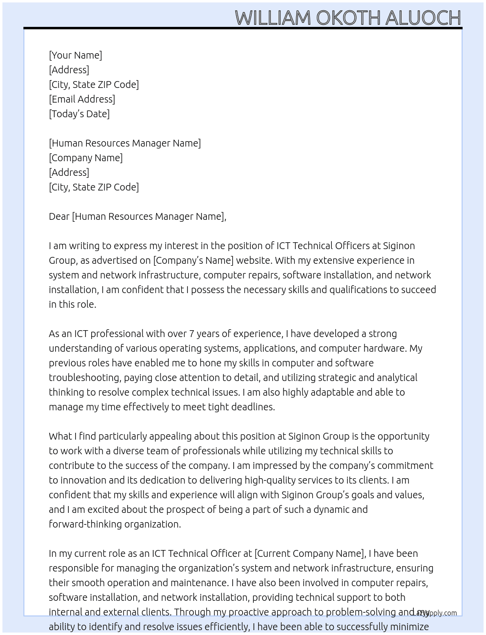 ICT Technical Officers At Siginon Group Cover Letter