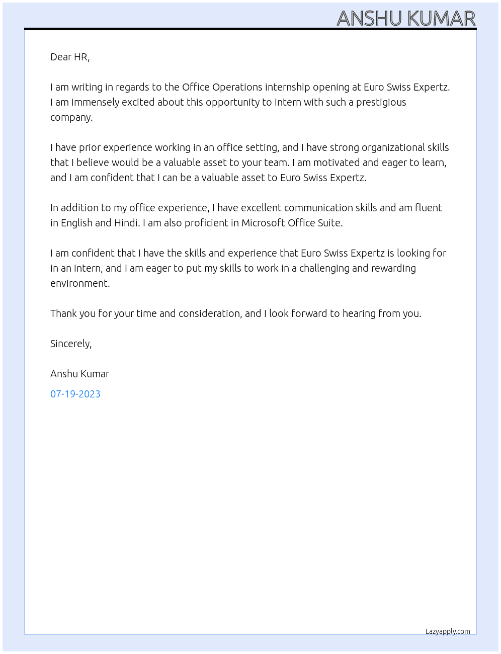 Office Operations internship At Euro Swiss Expertz Cover Letter
