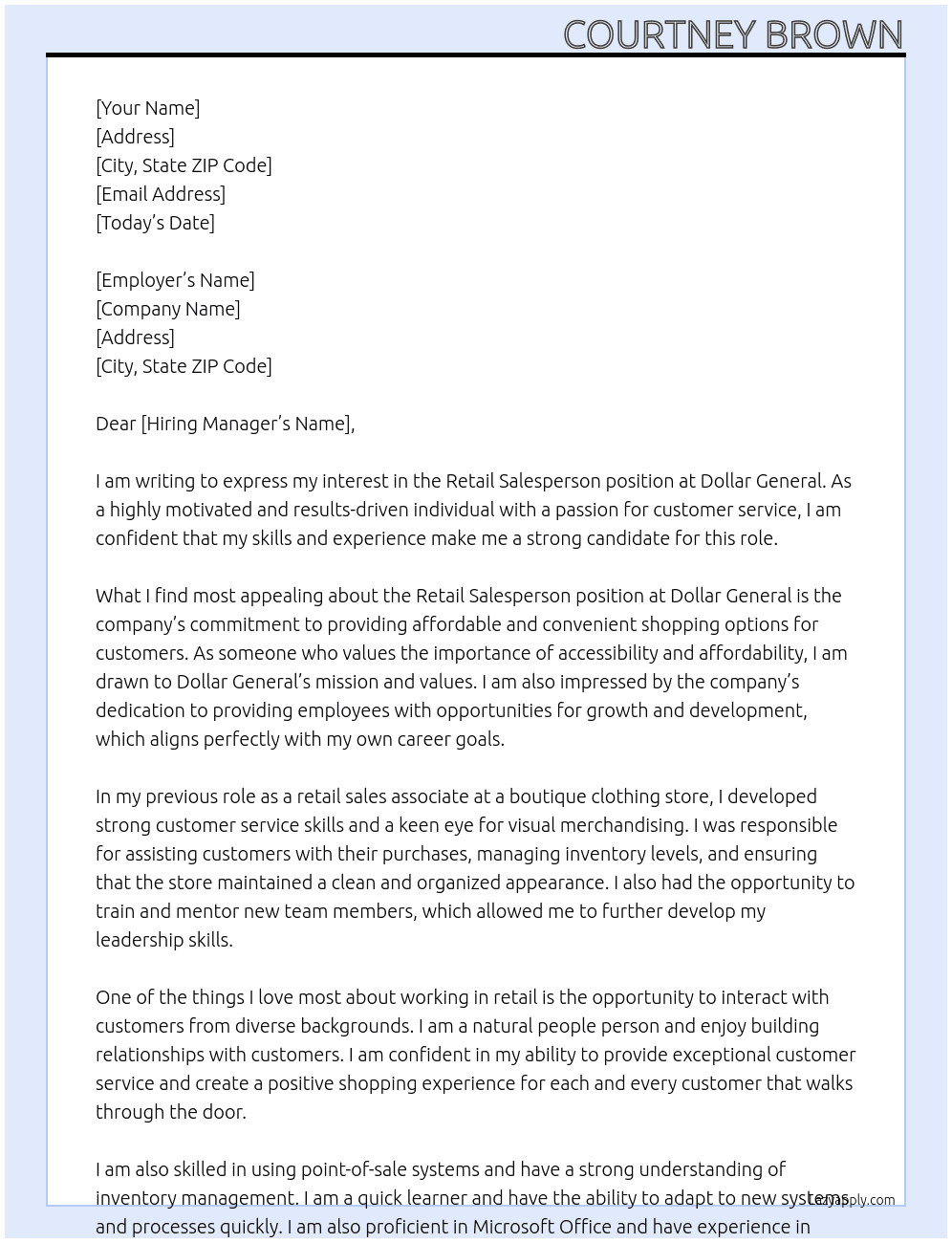 Retail Salesperson At Dollar General Cover Letter