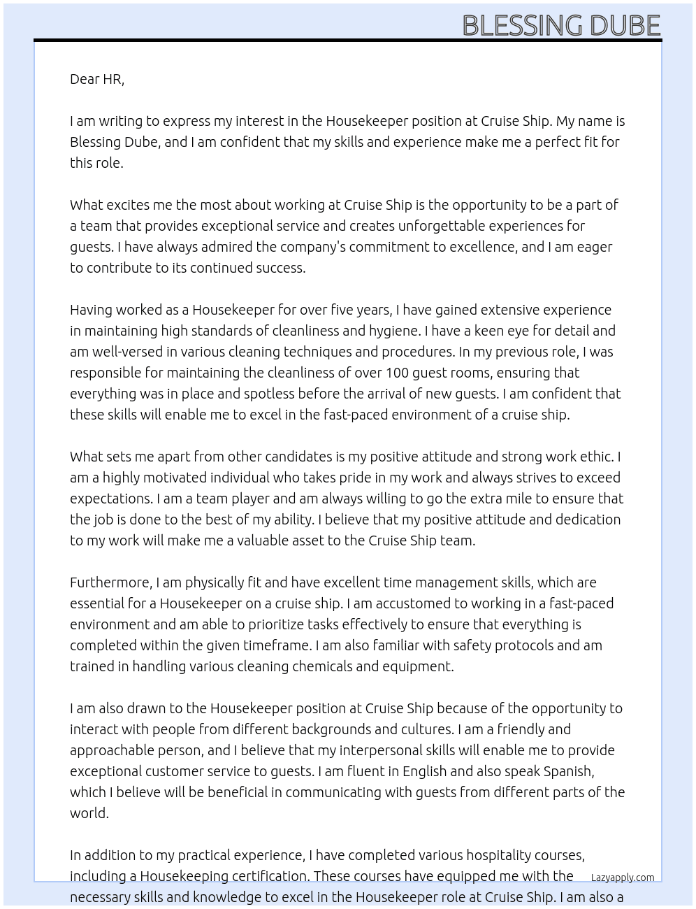 House keeper At Cruise ship Cover Letter