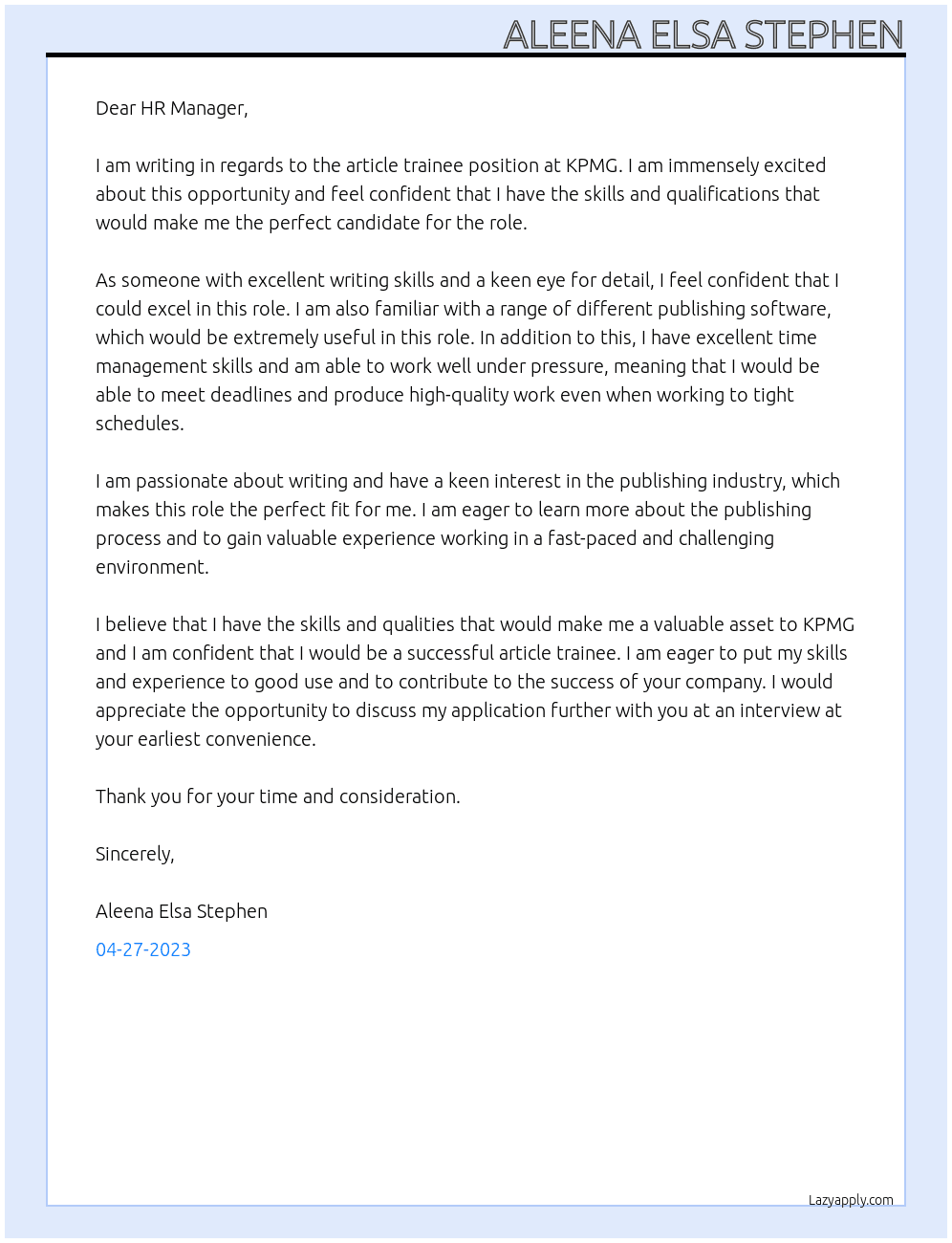 article trainee At KPMG Cover Letter
