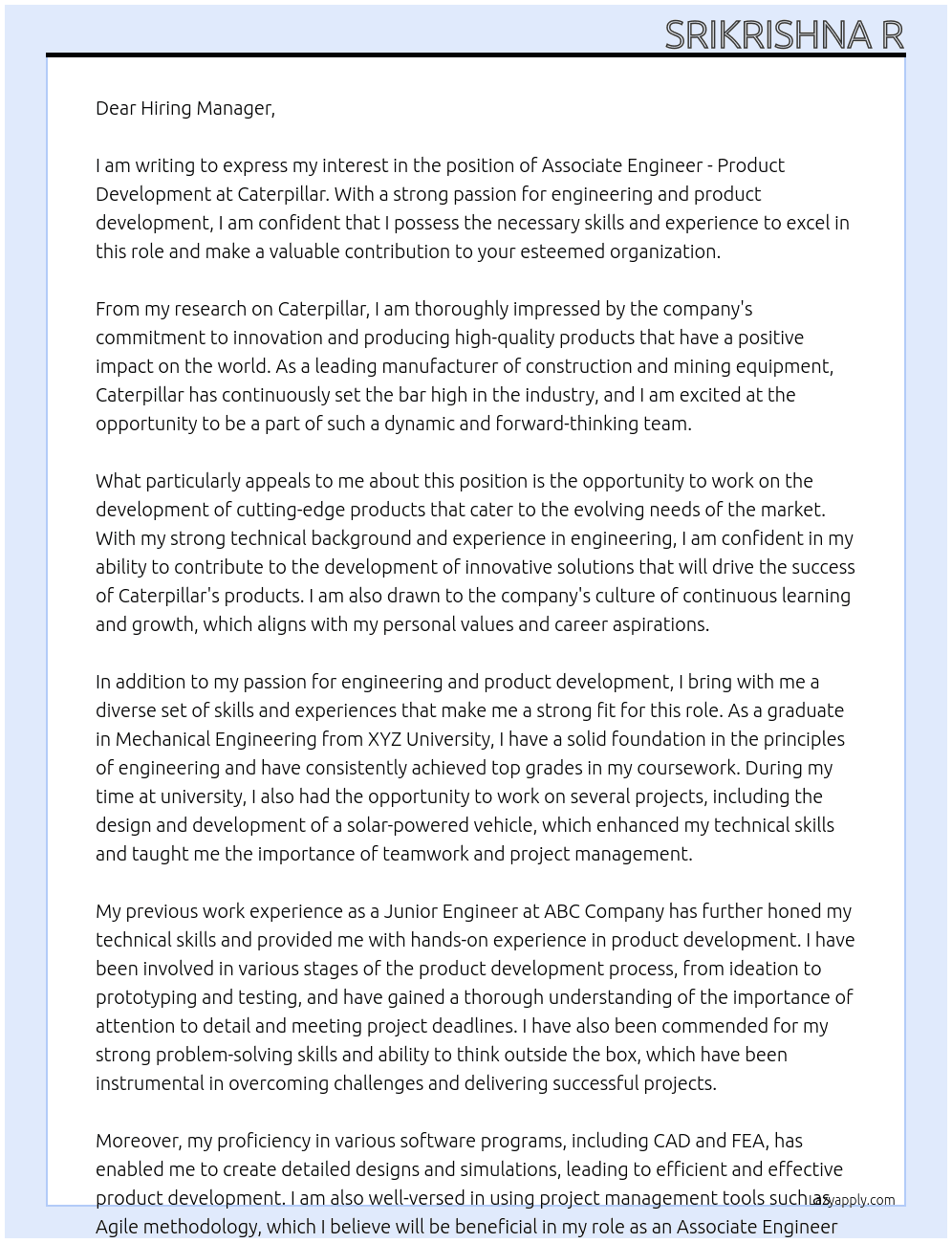Associate Engineer - Product Development  At Caterpillar  Cover Letter