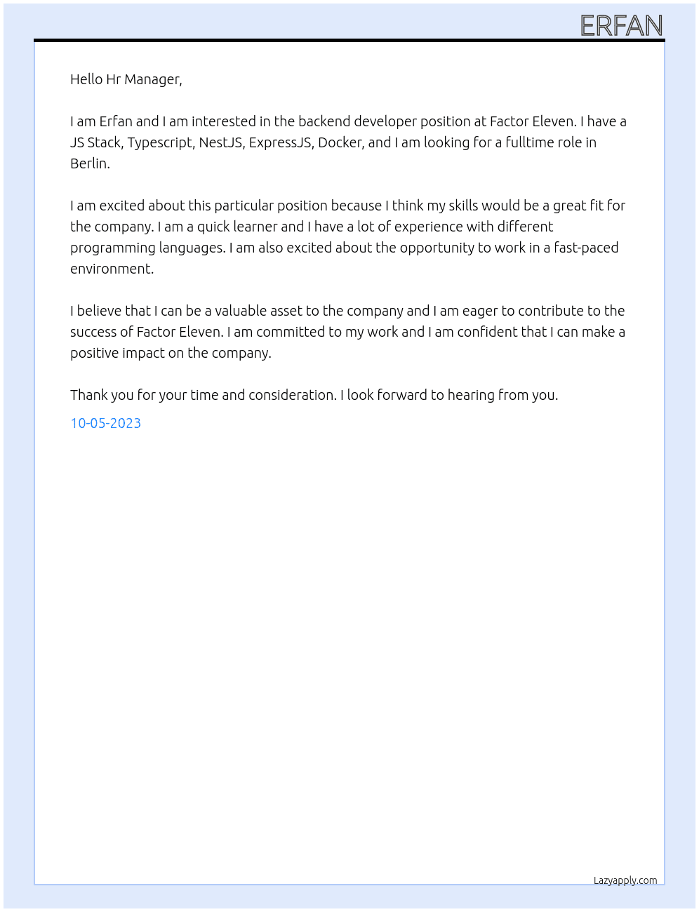 Backend developer At Factor Eleven Cover Letter