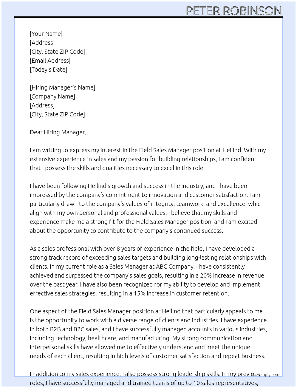 Field Sales Manager At Heilind Cover Letter