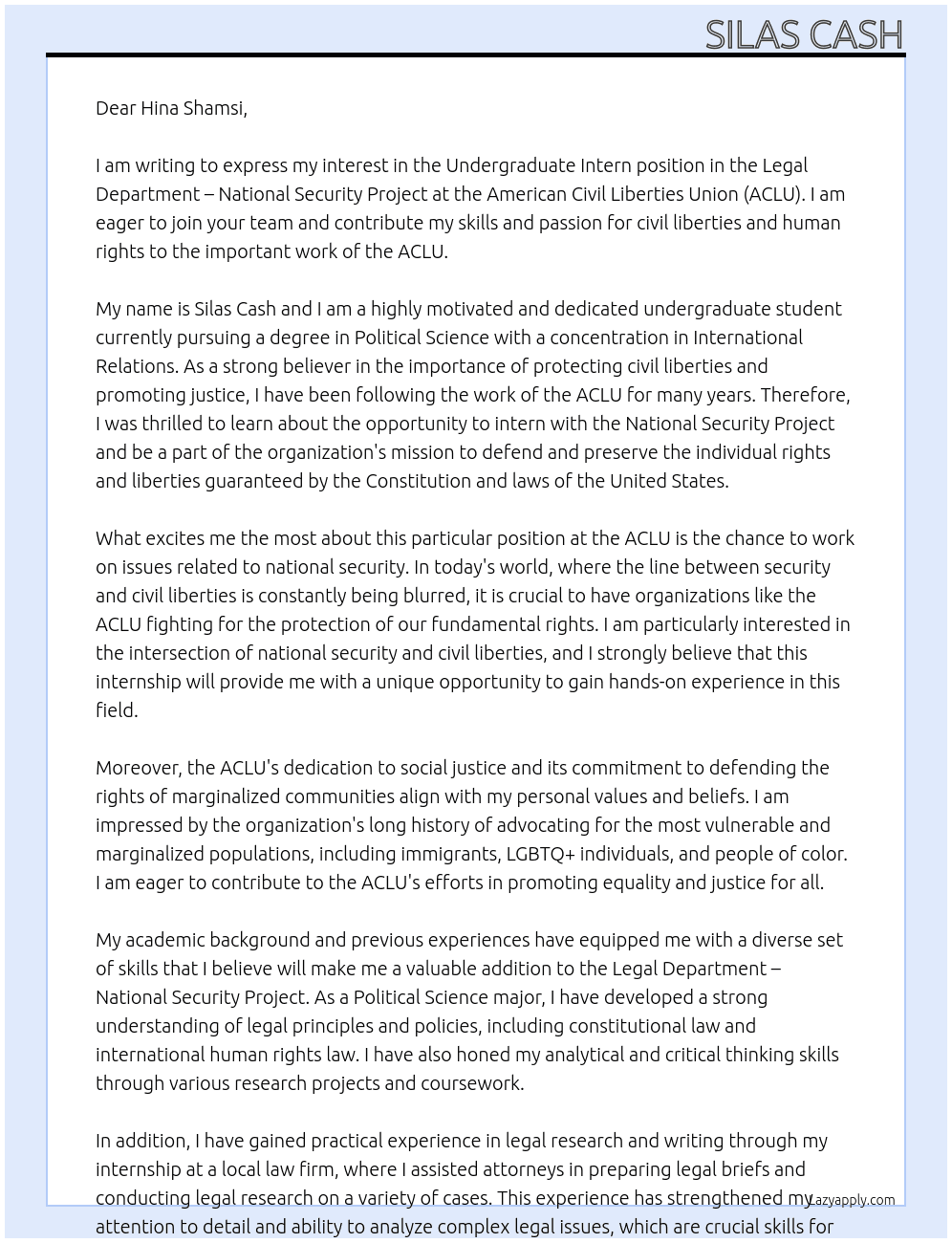 Cover letter for undergraduate intern in the legal department – national security project - LazyApply