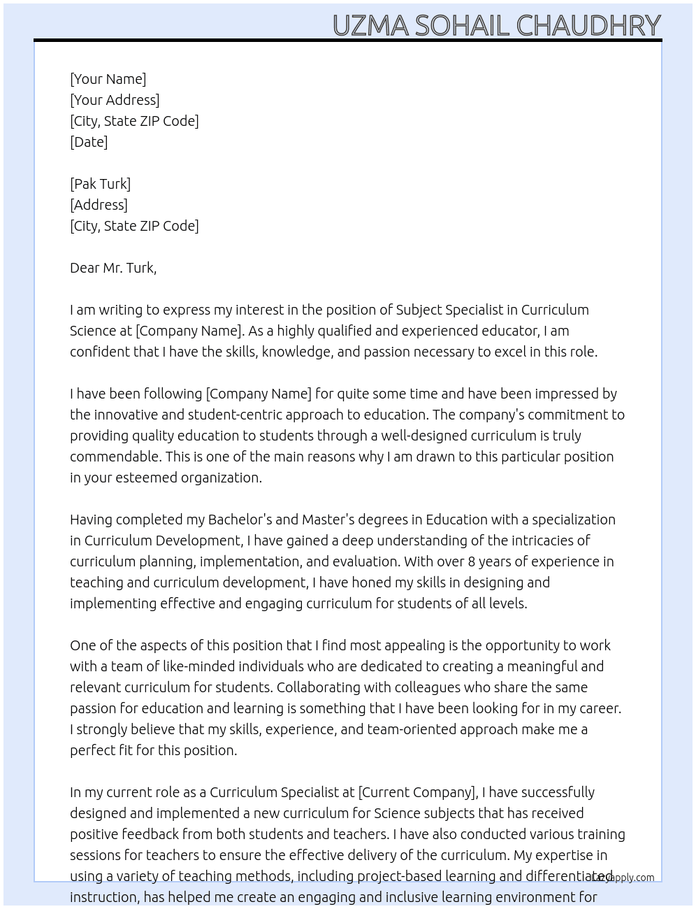 Subject Specialist in Curriculum Science At Subject Specialist in Curriculum Science Cover Letter