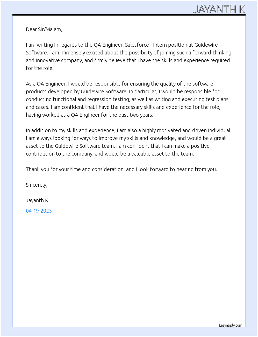 QA Engineer, Salesforce - Intern  At Guidewire Software Cover Letter