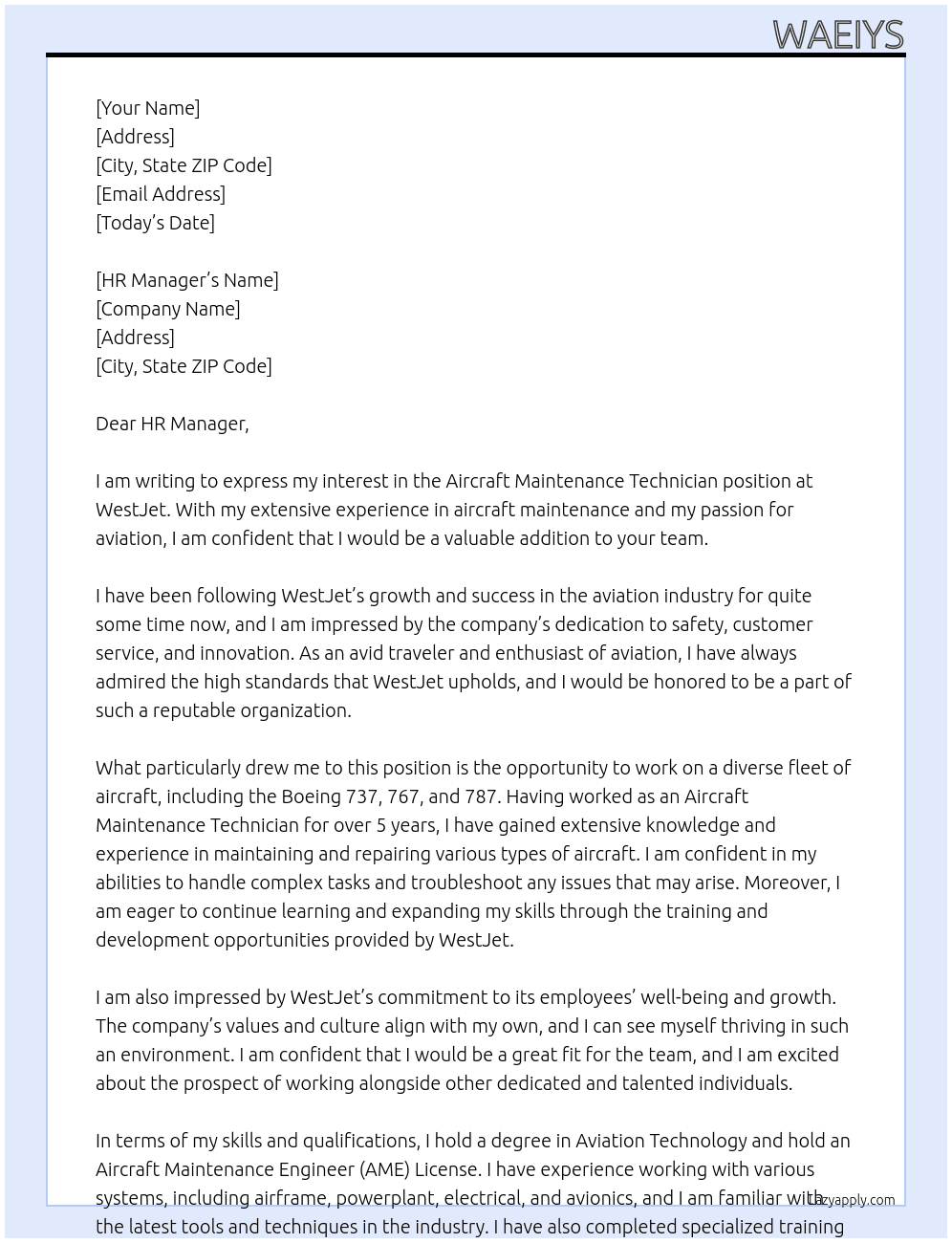 Aircraft maintenance technician At wesjet Cover Letter