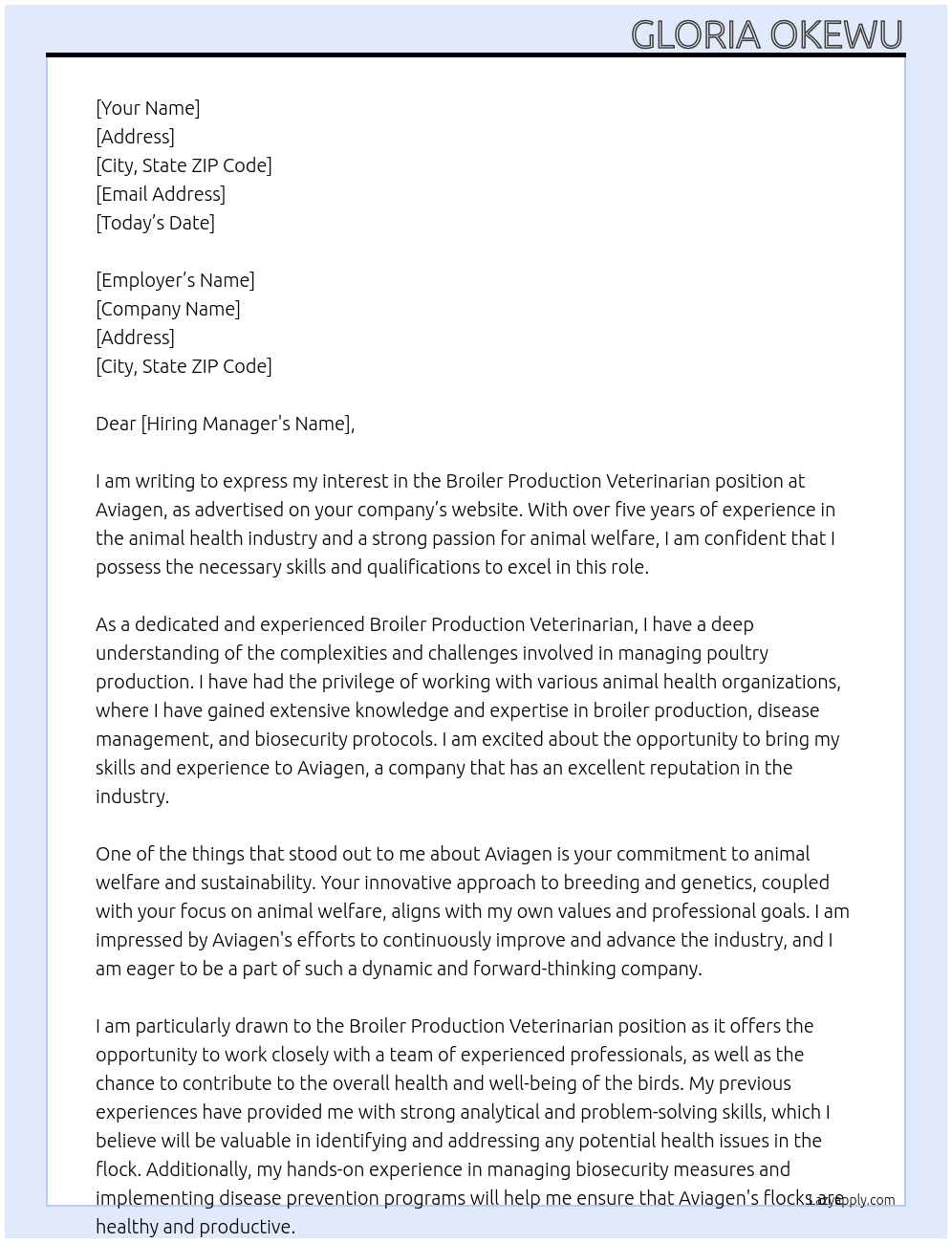 Broiler Production Veterinarian At Aviagen Cover Letter