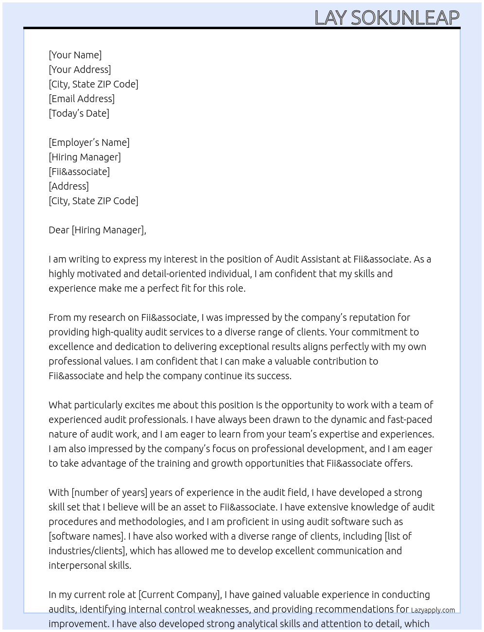 audit assistant At Fii&associate Cover Letter