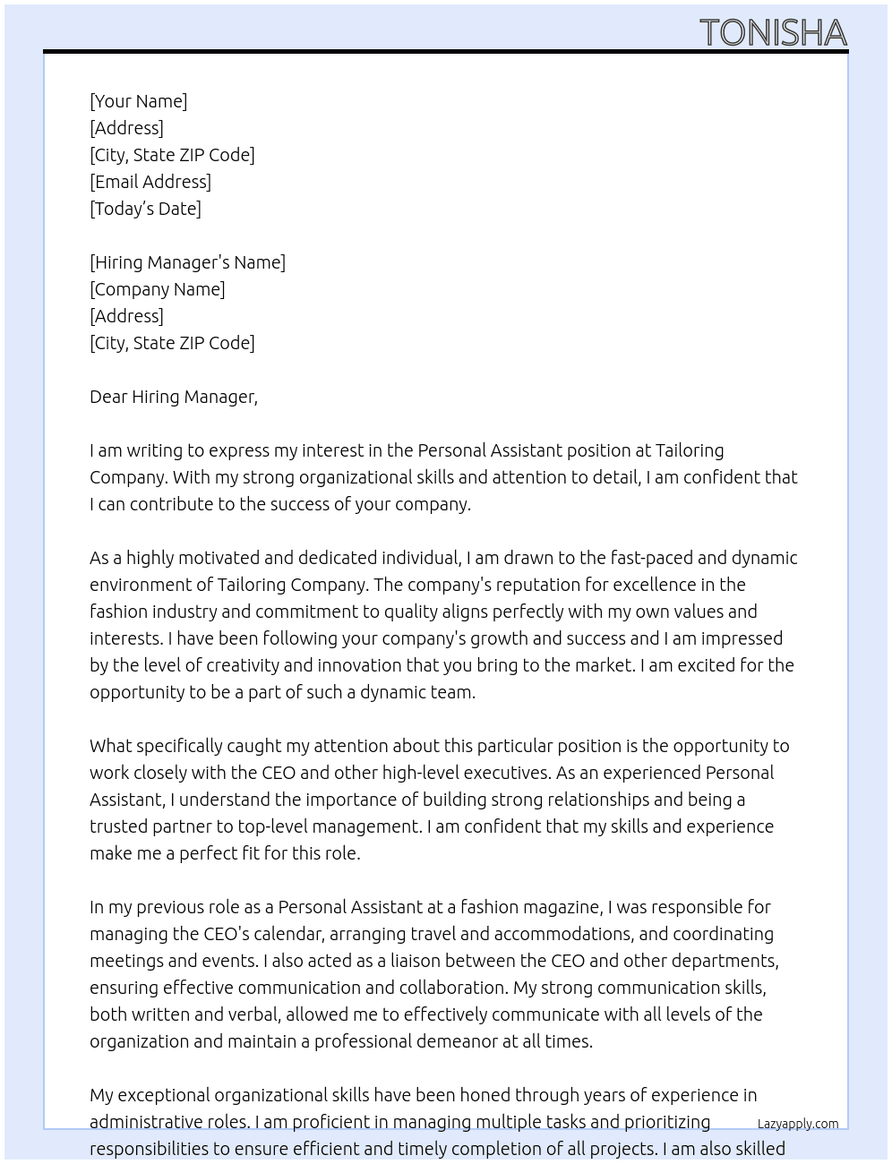 Personal assistant  At tailoring company Cover Letter
