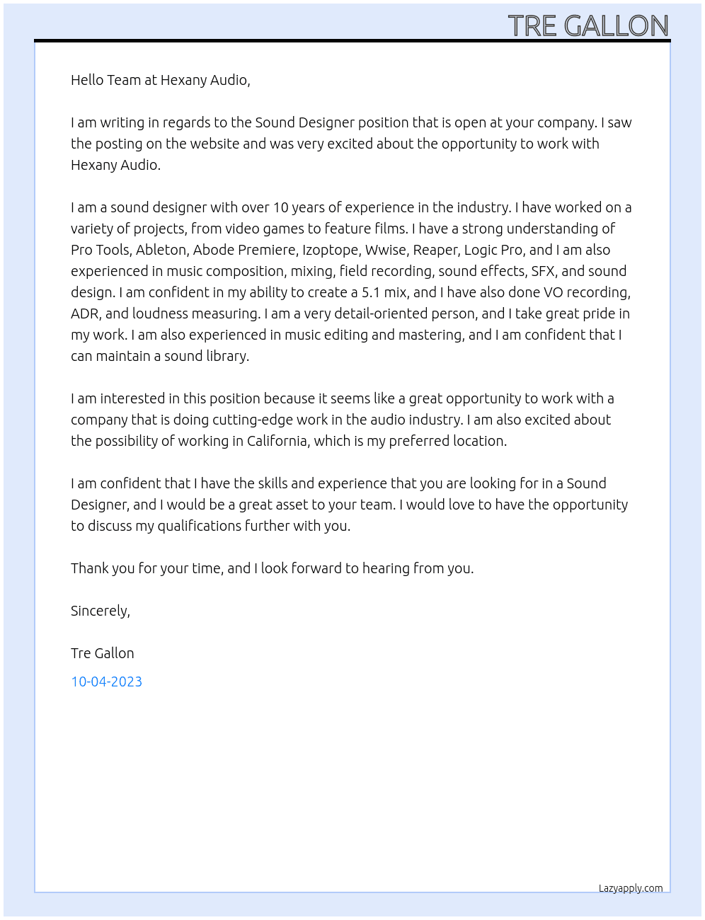 Sound Designer At https://hexanyaudio.com/ Cover Letter