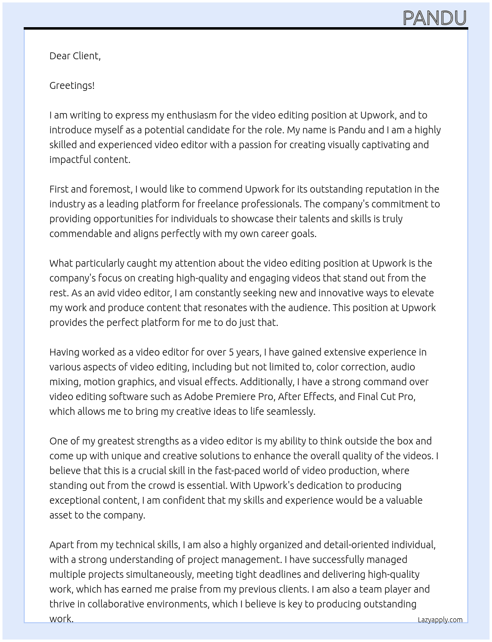 video editing  At upwork Cover Letter