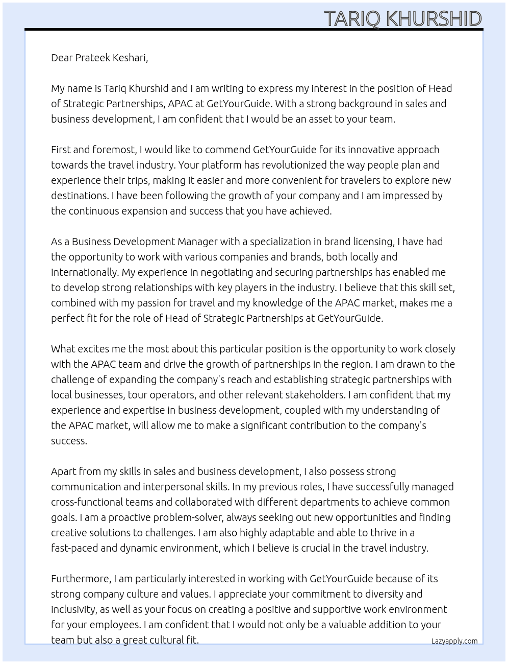 Head of Strategic Partnerships, APAC At GetYourGuide Cover Letter