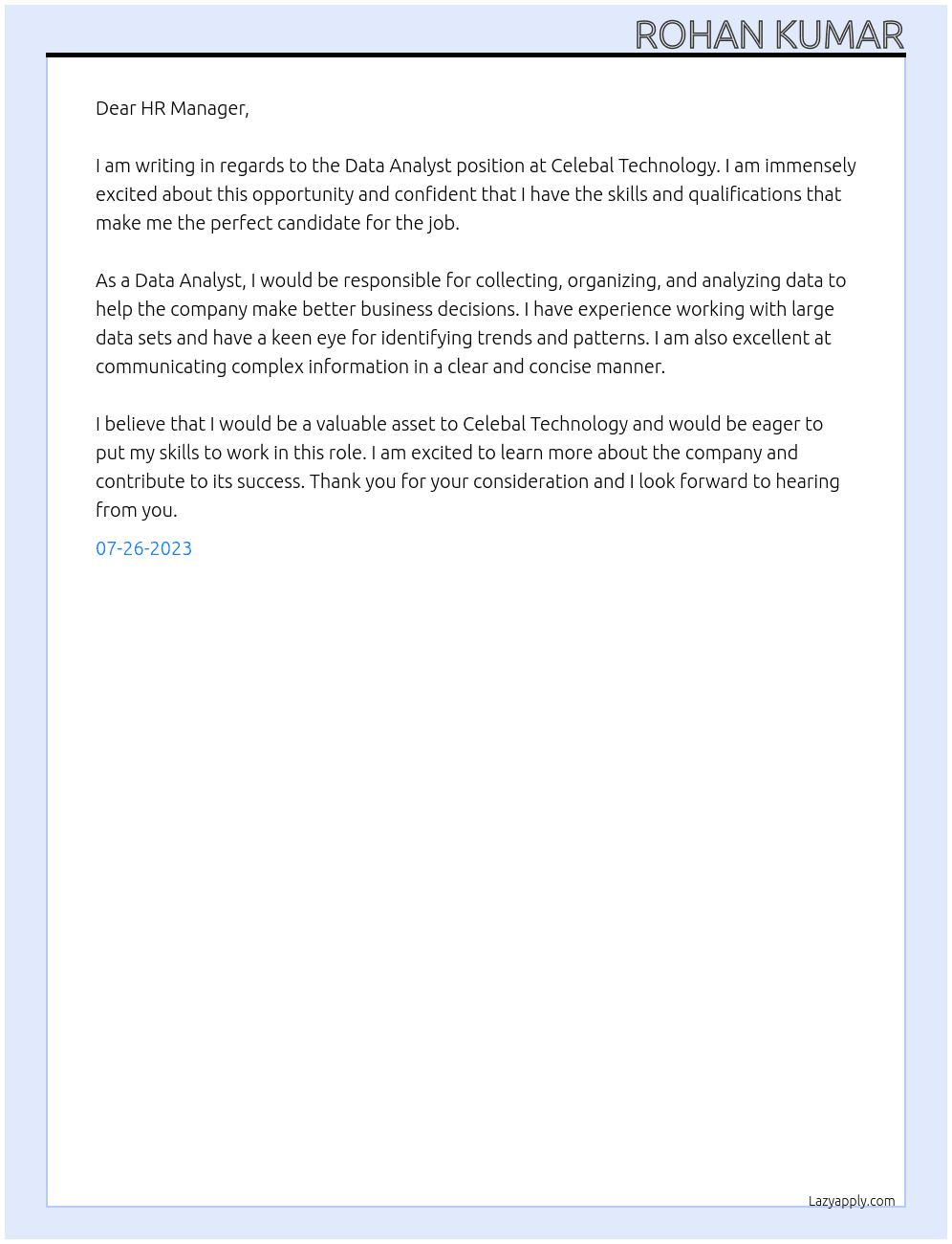 Data analyst  At Celebal Technology  Cover Letter